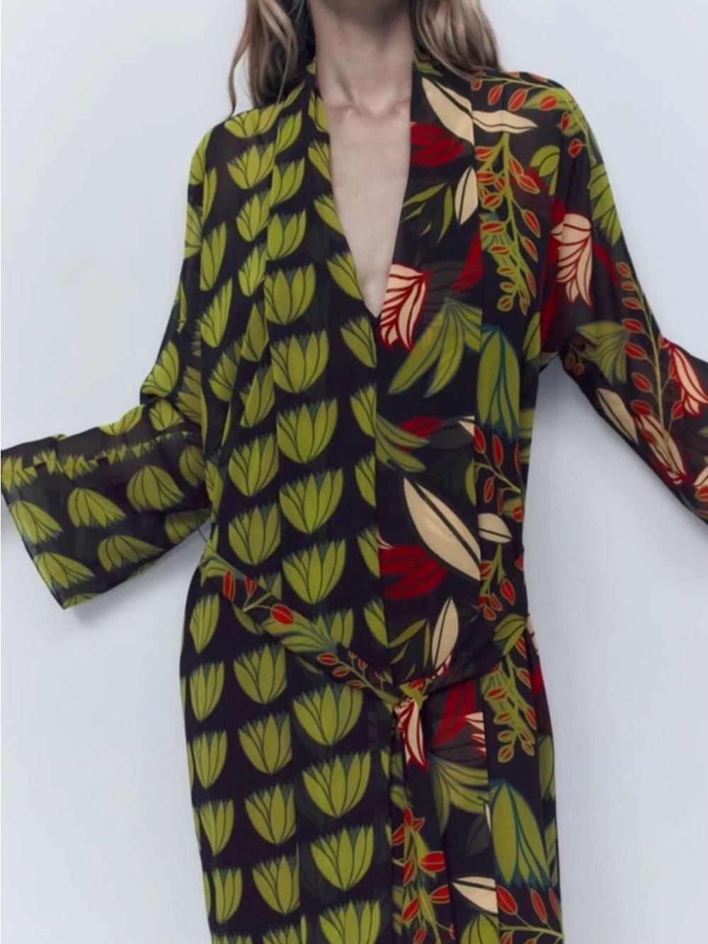 Zara Loose Fitting Shirt Midi Dress with Leafs and Floral Print size M